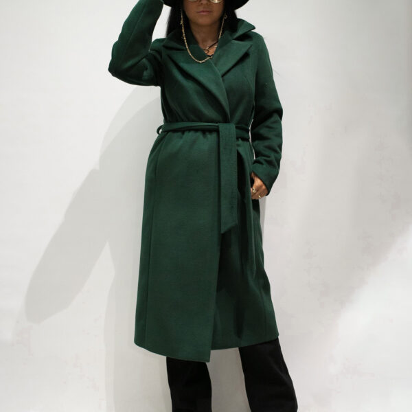 Elegancki płaszcz wiązany z alpaki zielony