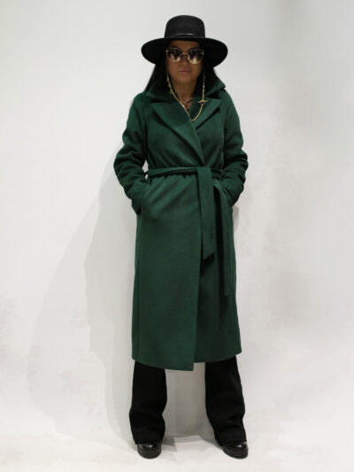 Elegancki płaszcz wiązany z alpaki zielony