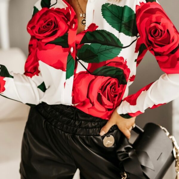 Damska klasyczna koszula w róże bluzka w kwiaty