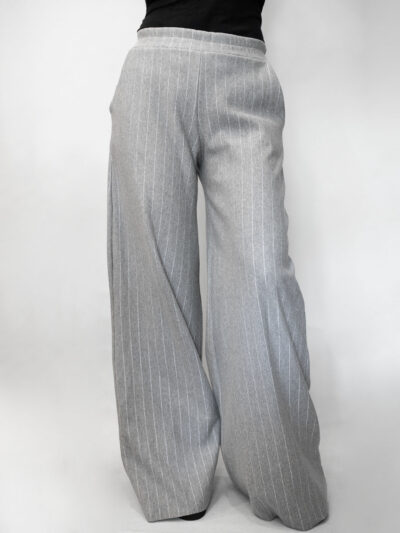 Bawełniane spodnie dzwony ze srebrną nitką z szeroką nogawką jasnoszare