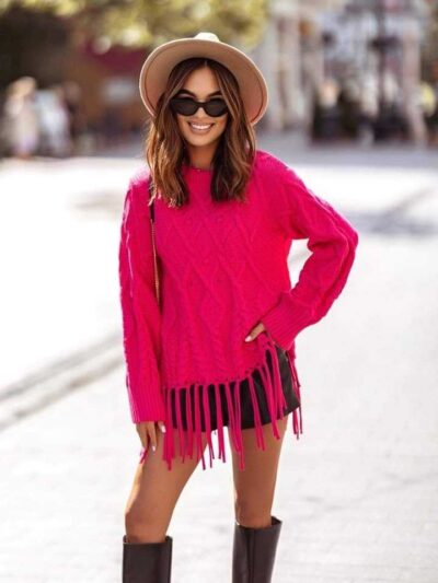 cocomore różowy damski sweter z frędzlami