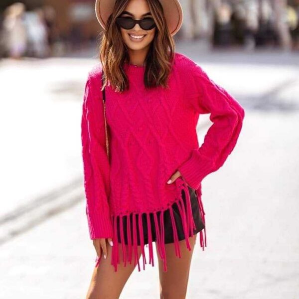 cocomore różowy damski sweter z frędzlami